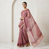Dusty Pink Handloom Kota Doriya Saree with Maroon Floral Print