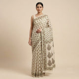 Cream & Olive-Green Paisley Printed Kota Doriya Saree