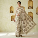 Cream & Olive-Green Paisley Printed Kota Doriya Saree