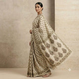 Cream & Olive-Green Paisley Printed Kota Doriya Saree