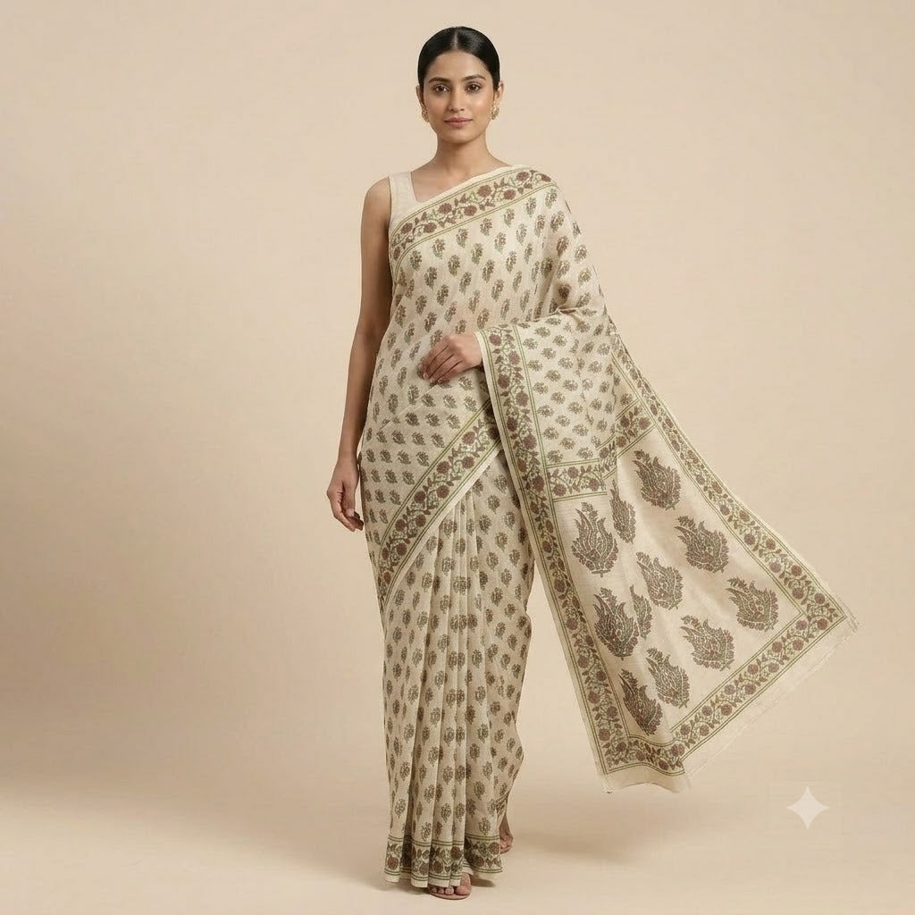 Cream & Olive-Green Paisley Printed Kota Doriya Saree
