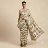 Cream & Olive-Green Paisley Printed Kota Doriya Saree