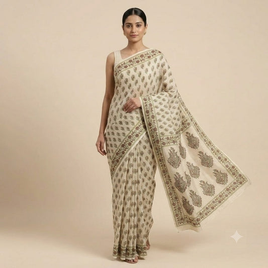 Cream & Olive-Green Paisley Printed Kota Doriya Saree