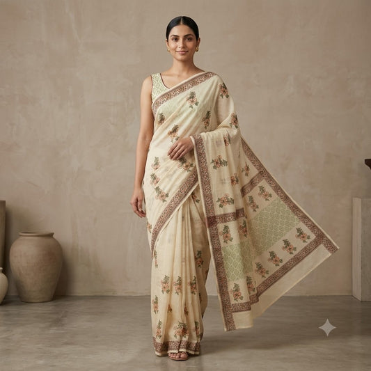 Traditional Off-White Kota Doriya Saree with Floral Prints