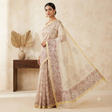Cream Handloom Kota Doriya Saree with Maroon Floral Vine Print