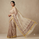 Cream Handloom Kota Doriya Saree with Maroon Floral Vine Print
