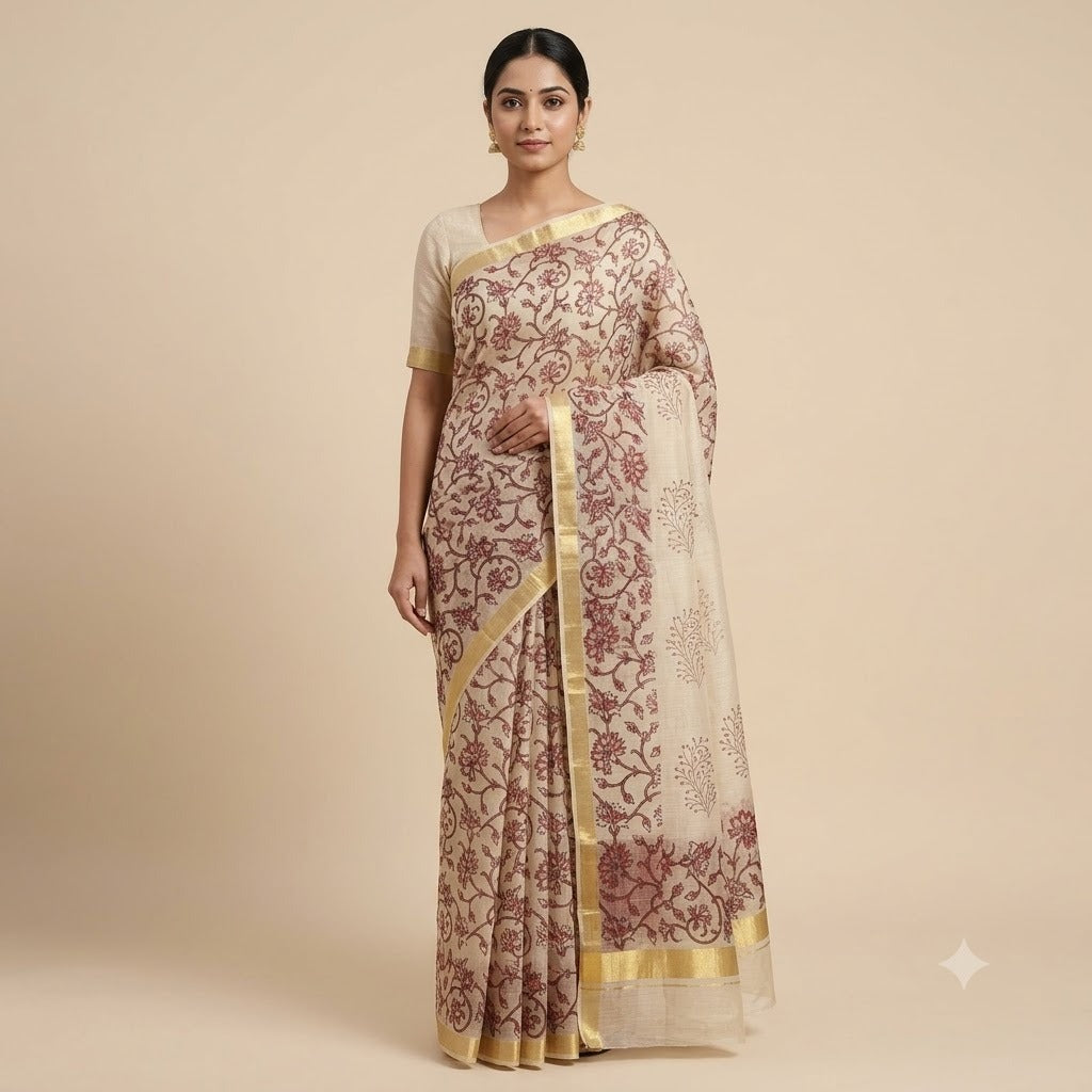 Cream Handloom Kota Doriya Saree with Maroon Floral Vine Print