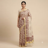 Cream Handloom Kota Doriya Saree with Maroon Floral Vine Print