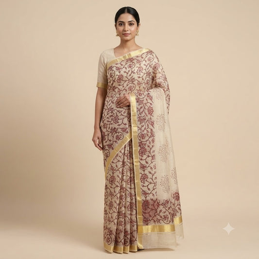 Cream Handloom Kota Doriya Saree with Maroon Floral Vine Print
