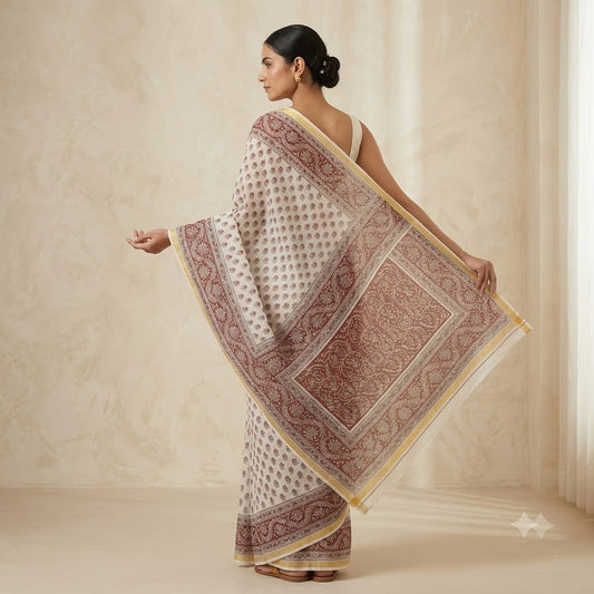 Ivory & Crimson Printed Kota Doriya Saree