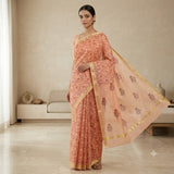 Peach & Maroon Floral Block Printed Kota Doriya Saree