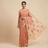 Peach & Maroon Floral Block Printed Kota Doriya Saree