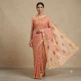 Peach & Maroon Floral Block Printed Kota Doriya Saree