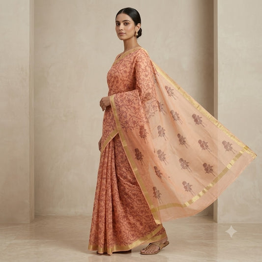Peach & Maroon Floral Block Printed Kota Doriya Saree