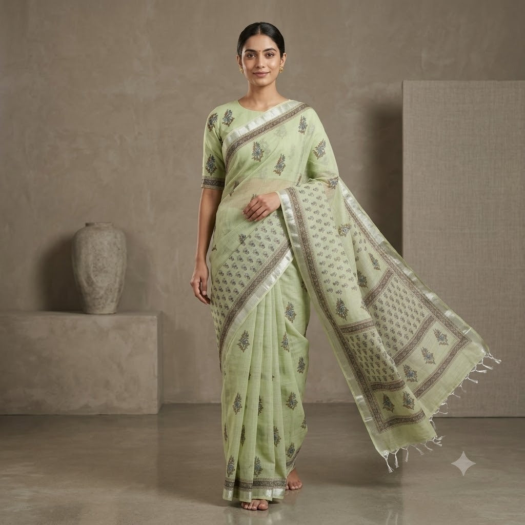 Sage Green & Brown Floral Kota Doriya Saree