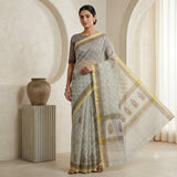 Mint Green & Grey Block Printed Kota Doriya Saree