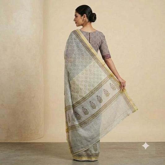 Mint Green & Grey Block Printed Kota Doriya Saree