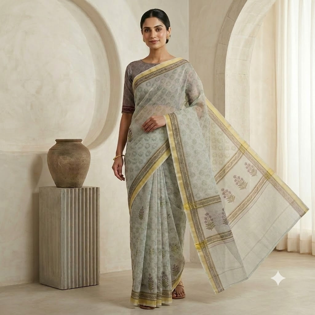 Mint Green & Grey Block Printed Kota Doriya Saree
