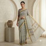 Mint Green & Grey Block Printed Kota Doriya Saree