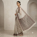 Ivory & Maroon Block Printed Kota Doriya Saree
