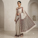 Ivory & Maroon Block Printed Kota Doriya Saree