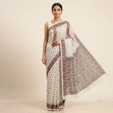 Ivory & Maroon Block Printed Kota Doriya Saree