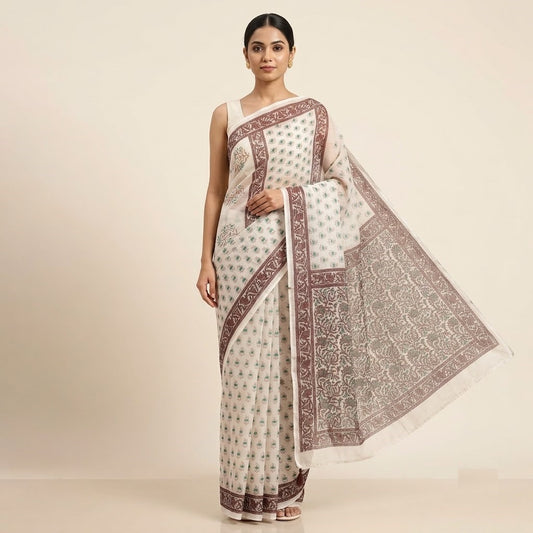 Ivory & Maroon Block Printed Kota Doriya Saree