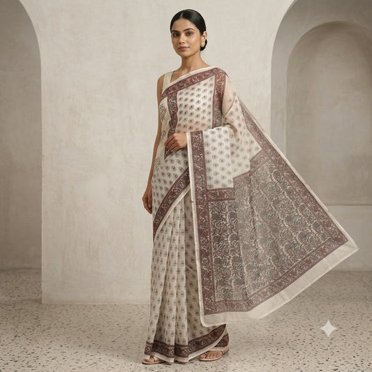 Ivory & Maroon Block Printed Kota Doriya Saree