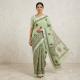 Elegant Mint Green Floral Block Printed Kota Doria Saree