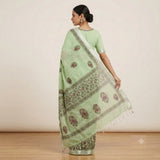 Elegant Mint Green Floral Block Printed Kota Doria Saree