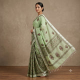 Elegant Mint Green Floral Block Printed Kota Doria Saree
