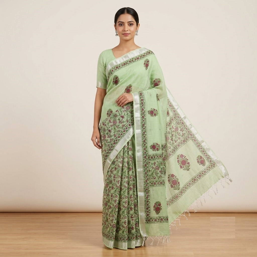 Elegant Mint Green Floral Block Printed Kota Doria Saree