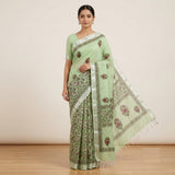 Elegant Mint Green Floral Block Printed Kota Doria Saree