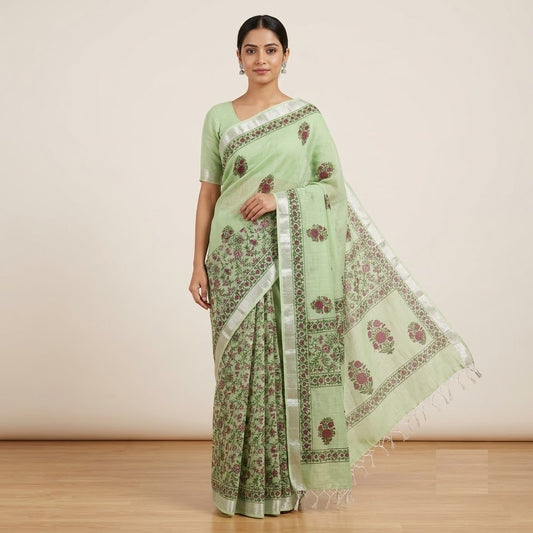 Elegant Mint Green Floral Block Printed Kota Doria Saree