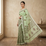 Elegant Mint Green Floral Block Printed Kota Doria Saree