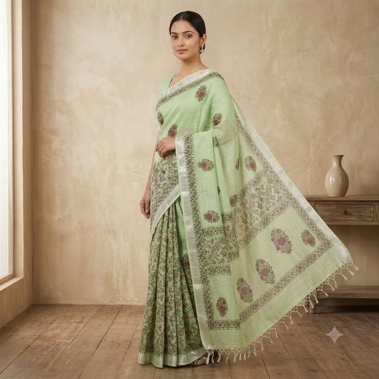 Elegant Mint Green Floral Block Printed Kota Doria Saree
