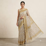 Traditional White & Mustard Printed Kota Doria Saree