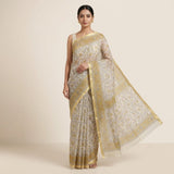 Traditional White & Mustard Printed Kota Doria Saree