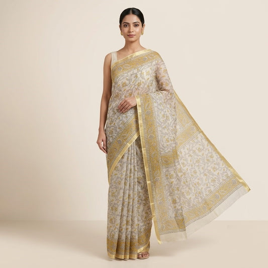 Traditional White & Mustard Printed Kota Doria Saree