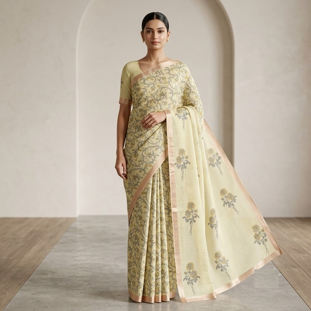 Graceful Pastel Yellow Floral Kota Doria Saree