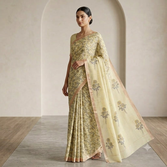 Graceful Pastel Yellow Floral Kota Doria Saree