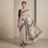 Exquisite Off-White & Maroon Block Printed Kota Doria Saree