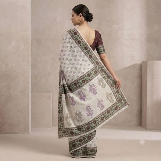 Exquisite Off-White & Maroon Block Printed Kota Doria Saree