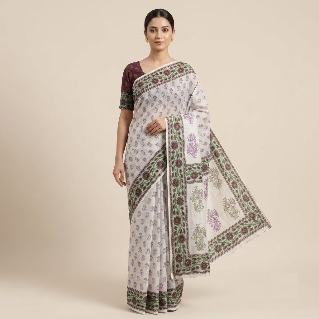 Exquisite Off-White & Maroon Block Printed Kota Doria Saree