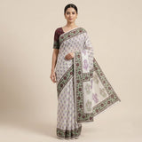 Exquisite Off-White & Maroon Block Printed Kota Doria Saree