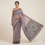 Elegant Grey & Maroon Floral Print Kota Doria Saree
