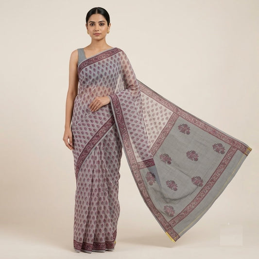 Elegant Grey & Maroon Floral Print Kota Doria Saree