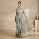 Classic Light Grey Kota Doria All-Over Floral Saree with Zari Border