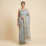 Classic Light Grey Kota Doria All-Over Floral Saree with Zari Border
