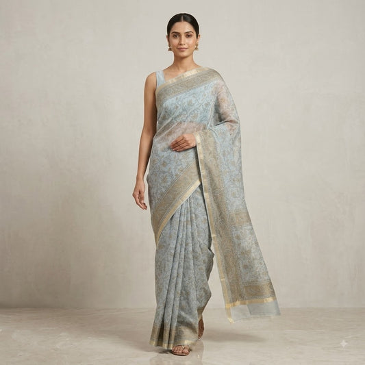 Classic Light Grey Kota Doria All-Over Floral Saree with Zari Border